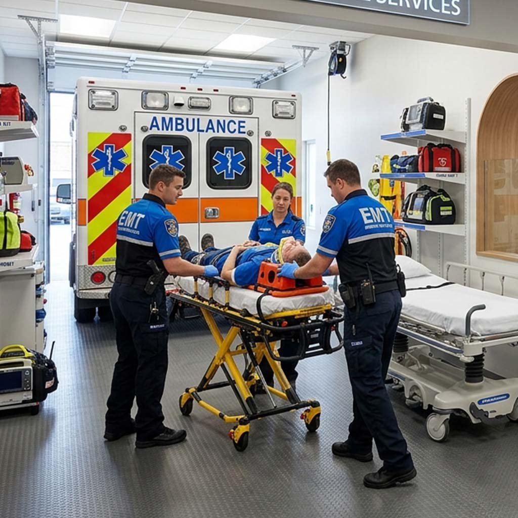 EMT crew loading a patient into an ambulance in the UAE