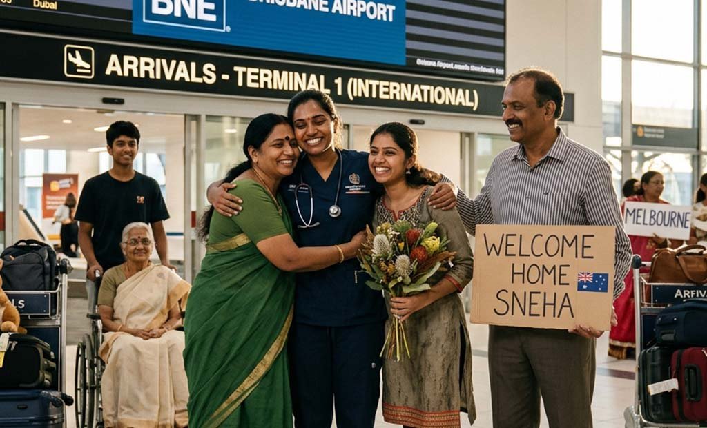Young Indian nurse with her family in Australia