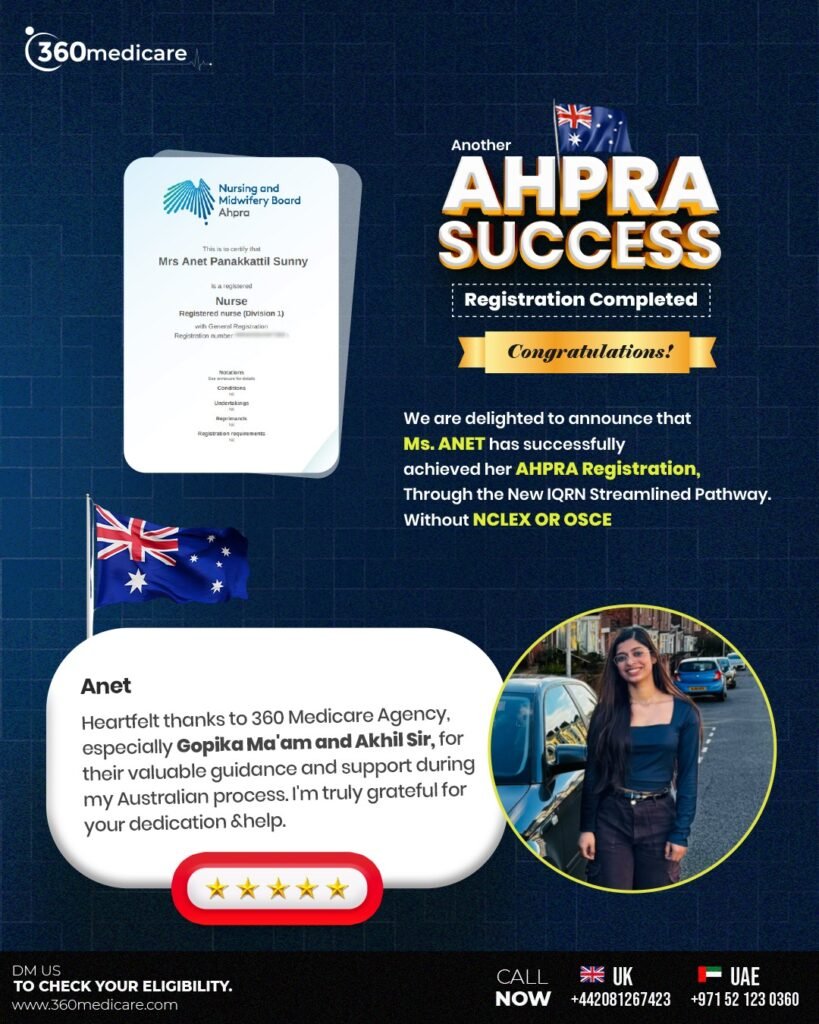 Anet Panakkattil Sunny AHPRA registration success story with 360 Medicare