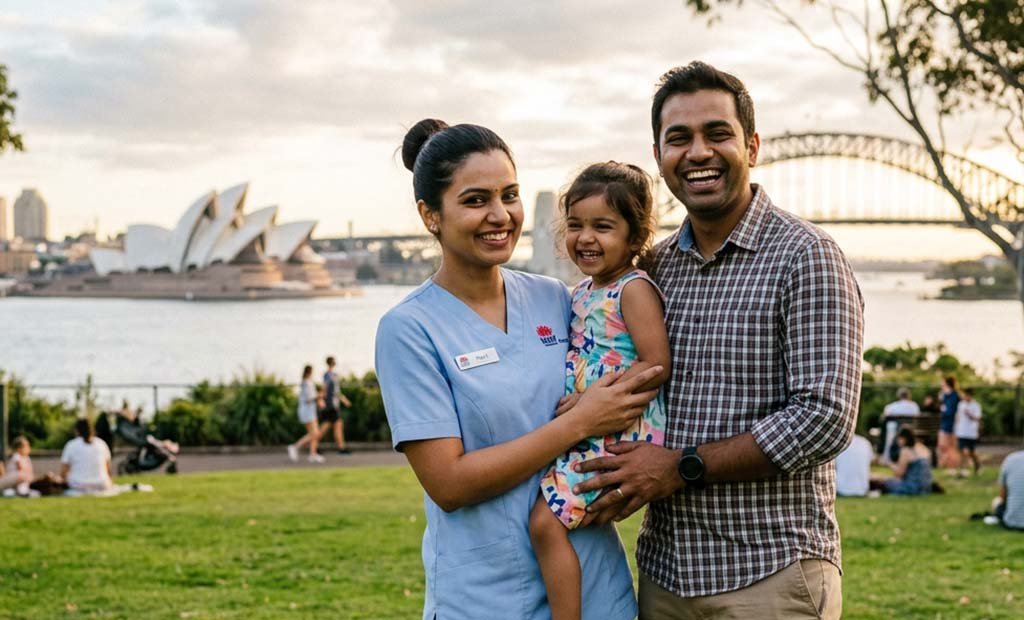 Young Indian nurse with her family in Australia